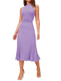 Pink Queen Women's Sleeveless Midi Dresses High Waisted Pleated Ribbed Knit Swing Long Dresses Casual Party Outfits