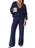 Pink Queen Women's 2 Piece Sweater Set V Neck Long Sleeve Knit Top Wide Leg Pants Loungewear Fall Winter Pajama Casual Outfit