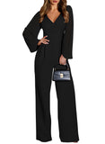 Pink Queen Elegant Jumpsuits for Women Dressy Patchwork Chiffon Sleeve V Neck Wide Leg Romper Holiday Party Outfits