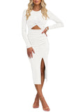 Pink Queen Women's Crew Neck Long Sleeve Midi Dress Cutout Twist Front Bodycon Slit Pencil Ribbed Knit Fall Dresses