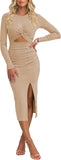 Pink Queen Women's Crew Neck Long Sleeve Midi Dress Cutout Twist Front Bodycon Slit Pencil Ribbed Knit Fall Dresses
