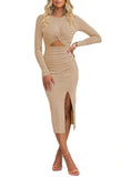 Pink Queen Women's Crew Neck Long Sleeve Midi Dress Cutout Twist Front Bodycon Slit Pencil Ribbed Knit Fall Dresses