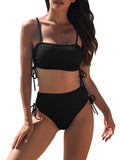 Pink Queen Women's 2 Piece High Waisted Bikini Sets Ribbed Bandeau Ruched Drawstring Swimsuit Bathing Suit