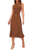 Pink Queen Women's Sleeveless Midi Dresses High Waisted Pleated Ribbed Knit Swing Long Dresses Casual Party Outfits
