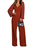 Pink Queen Elegant Jumpsuits for Women Dressy Patchwork Chiffon Sleeve V Neck Wide Leg Romper Holiday Party Outfits
