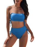 Pink Queen Women's 2 Piece High Waisted Bikini Sets Ribbed Bandeau Ruched Drawstring Swimsuit Bathing Suit