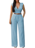 Pink Queen Jumpsuits for Women Dressy V Neck Sleeveless Wide Leg Long Pant Rompers Business Casual Outfits