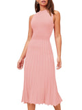 Pink Queen Women's Sleeveless Midi Dresses High Waisted Pleated Ribbed Knit Swing Long Dresses Casual Party Outfits