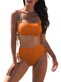 Pink Queen Women's 2 Piece High Waisted Bikini Sets Ribbed Bandeau Ruched Drawstring Swimsuit Bathing Suit