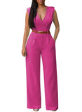 Pink Queen Jumpsuits for Women Dressy V Neck Sleeveless Wide Leg Long Pant Rompers Business Casual Outfits