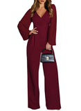Pink Queen Elegant Jumpsuits for Women Dressy Patchwork Chiffon Sleeve V Neck Wide Leg Romper Holiday Party Outfits