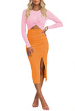 Pink Queen Women's Crew Neck Long Sleeve Midi Dress Cutout Twist Front Bodycon Slit Pencil Ribbed Knit Fall Dresses