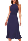 Pink Queen Women's Sleeveless Midi Dresses High Waisted Pleated Ribbed Knit Swing Long Dresses Casual Party Outfits