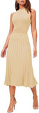 Pink Queen Women's Sleeveless Midi Dresses High Waisted Pleated Ribbed Knit Swing Long Dresses Casual Party Outfits