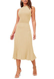 Pink Queen Women's Sleeveless Midi Dresses High Waisted Pleated Ribbed Knit Swing Long Dresses Casual Party Outfits