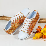 Women's Orange Sequin Lace Up Low Top Canvas Shoes