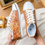 Women's Orange Sequin Lace Up Low Top Canvas Shoes