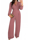 Pink Queen 2026 Jumpsuits for Women Dressy Long Sleeve V Neck Wide-Leg Romper Business Casual Party Outfits