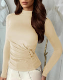 Pink Queen Women's Chic Long Sleeve Top with Ruched Waist & Metal Ring Decor Mock Neck Slim Fit Going Out Tees