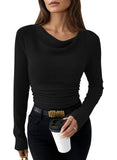 Pink Queen 2026 Fall Tops for Women Trendy Long Sleeve Cowl Neck Ruched Slim Fit Ribbed Knit Basic Shirts