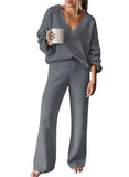 Pink Queen Women's 2 Piece Sweater Set V Neck Long Sleeve Knit Top Wide Leg Pants Loungewear Fall Winter Pajama Casual Outfit