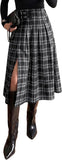 Pink Queen Plaid Skirts for Women with Slit Vintage Buckle Belt Pleated Elastic High Waist A Line Midi Skirts for Women