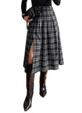 Pink Queen Plaid Skirts for Women with Slit Vintage Buckle Belt Pleated Elastic High Waist A Line Midi Skirts for Women