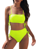 Pink Queen Women's 2 Piece High Waisted Bikini Sets Ribbed Bandeau Ruched Drawstring Swimsuit Bathing Suit