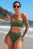 Pink Queen Women's 2 Piece High Waisted Bikini Sets Ribbed Bandeau Ruched Drawstring Swimsuit Bathing Suit