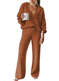 Pink Queen Women's 2 Piece Sweater Set V Neck Long Sleeve Knit Top Wide Leg Pants Loungewear Fall Winter Pajama Casual Outfit
