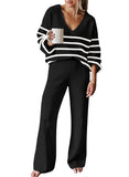 Pink Queen Women's 2 Piece Sweater Set V Neck Long Sleeve Knit Top Wide Leg Pants Loungewear Fall Winter Pajama Casual Outfit
