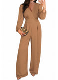 Pink Queen 2026 Jumpsuits for Women Dressy Long Sleeve V Neck Wide-Leg Romper Business Casual Party Outfits
