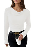 Pink Queen 2026 Fall Tops for Women Trendy Long Sleeve Cowl Neck Ruched Slim Fit Ribbed Knit Basic Shirts