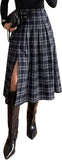 Pink Queen Plaid Skirts for Women with Slit Vintage Buckle Belt Pleated Elastic High Waist A Line Midi Skirts for Women