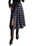 Pink Queen Plaid Skirts for Women with Slit Vintage Buckle Belt Pleated Elastic High Waist A Line Midi Skirts for Women
