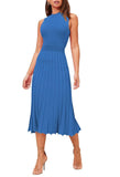 Pink Queen Women's Sleeveless Midi Dresses High Waisted Pleated Ribbed Knit Swing Long Dresses Casual Party Outfits