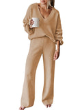 Pink Queen Women's 2 Piece Sweater Set V Neck Long Sleeve Knit Top Wide Leg Pants Loungewear Fall Winter Pajama Casual Outfit