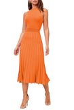 Pink Queen Women's Sleeveless Midi Dresses High Waisted Pleated Ribbed Knit Swing Long Dresses Casual Party Outfits