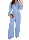 Pink Queen 2026 Jumpsuits for Women Dressy Long Sleeve V Neck Wide-Leg Romper Business Casual Party Outfits