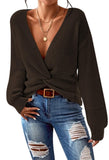 Pink Queen Women's 2025 Casual Pullover Sweaters Sexy V Neck Long Sleeve Twist Knot Cropped Knit Sweater Tops