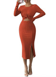 Pink Queen Women's Crew Neck Long Sleeve Midi Dress Cutout Twist Front Bodycon Slit Pencil Ribbed Knit Fall Dresses