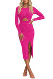 Pink Queen Women's Crew Neck Long Sleeve Midi Dress Cutout Twist Front Bodycon Slit Pencil Ribbed Knit Fall Dresses