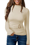 Pink Queen Women's Chic Long Sleeve Top with Ruched Waist & Metal Ring Decor Mock Neck Slim Fit Going Out Tees
