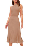 Pink Queen Women's Sleeveless Midi Dresses High Waisted Pleated Ribbed Knit Swing Long Dresses Casual Party Outfits