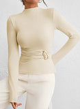 Pink Queen Women's Chic Long Sleeve Top with Ruched Waist & Metal Ring Decor Mock Neck Slim Fit Going Out Tees