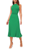 Pink Queen Women's Sleeveless Midi Dresses High Waisted Pleated Ribbed Knit Swing Long Dresses Casual Party Outfits