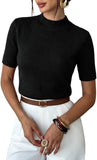 Pink Queen Ribbed Knit Short Sleeve Sweaters for Women Crew Neck Sweater Shirts Business Casual Work Tops 2026 Fall Blouse