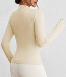 Pink Queen Women's Chic Long Sleeve Top with Ruched Waist & Metal Ring Decor Mock Neck Slim Fit Going Out Tees