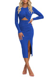 Pink Queen Women's Crew Neck Long Sleeve Midi Dress Cutout Twist Front Bodycon Slit Pencil Ribbed Knit Fall Dresses