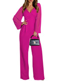 Pink Queen Elegant Jumpsuits for Women Dressy Patchwork Chiffon Sleeve V Neck Wide Leg Romper Holiday Party Outfits